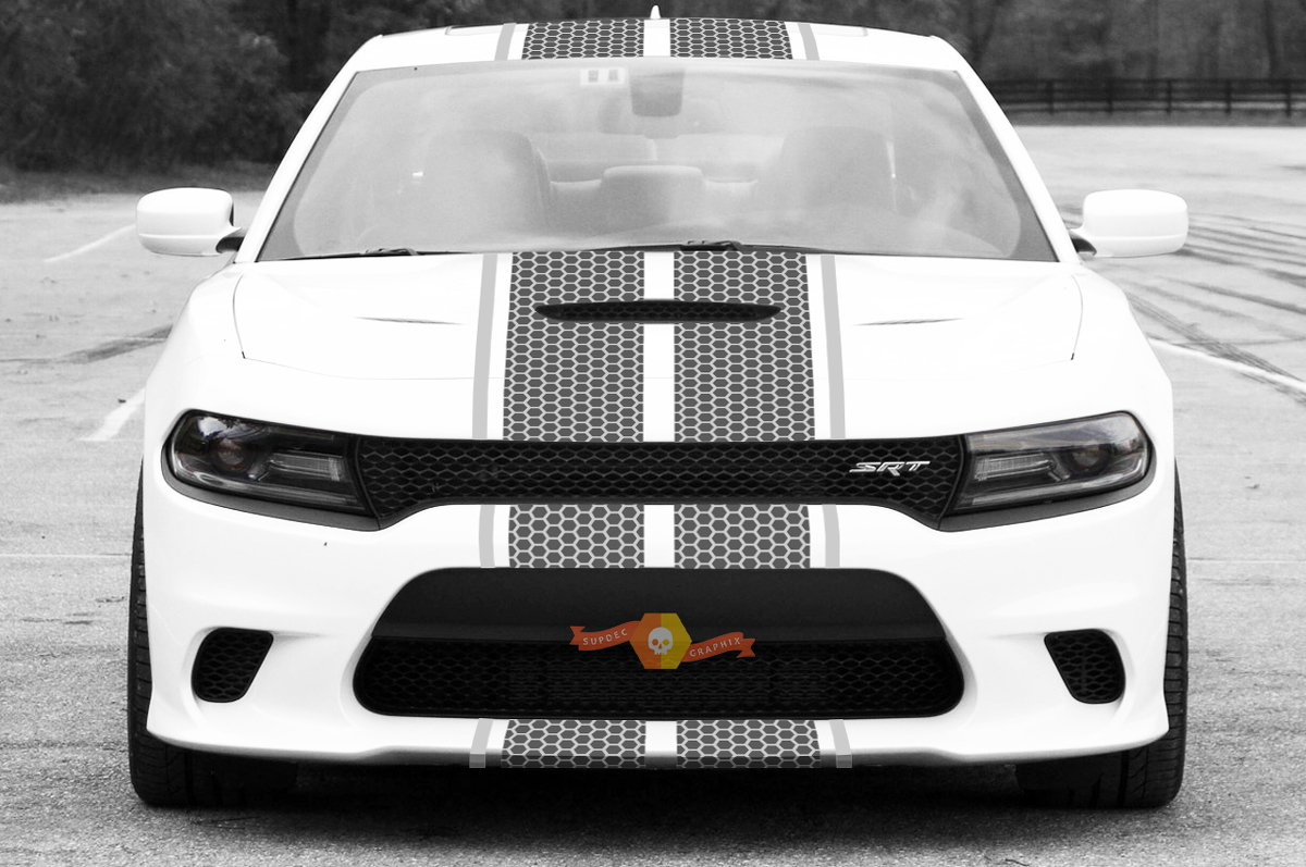 2015 & Up Dodge Challenger SRT / HELLCAT Style Double Strip with Border Honeycomb Rally Stripe Decal Kit