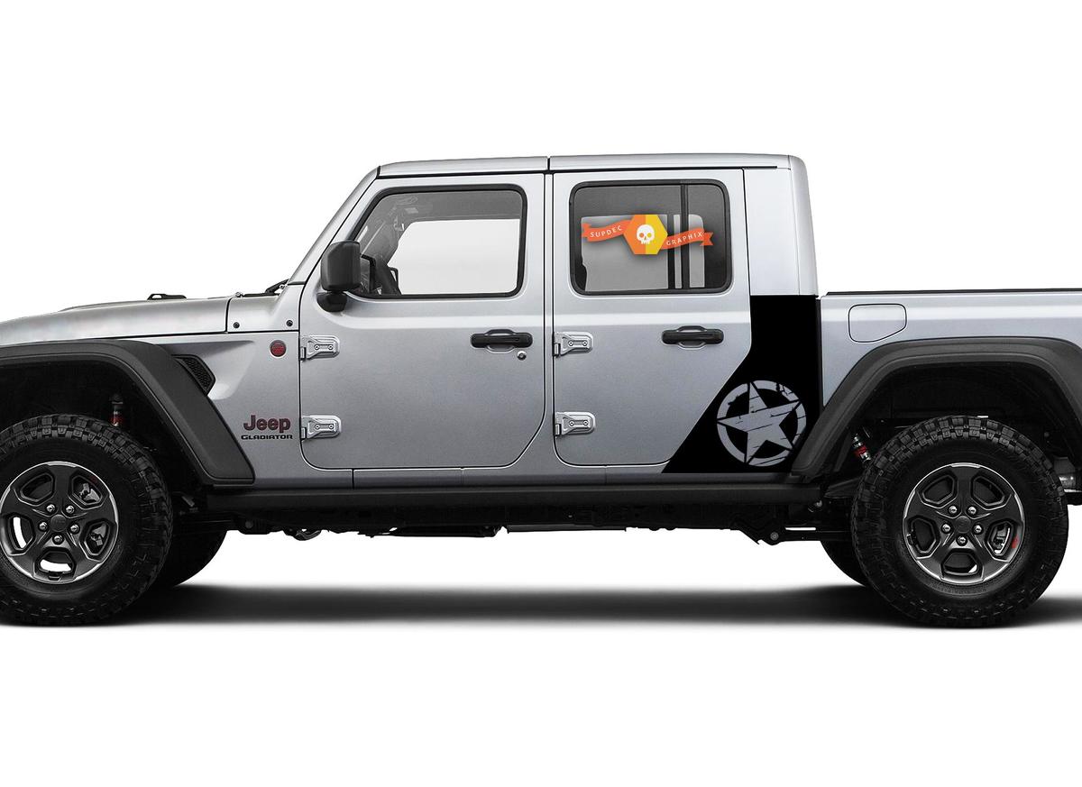 Jeep Gladiator Side War Star Grunge Destroyed Sticker Decal Factory Style Body Vinyl Graphic Stripes Kit 2018-2021
