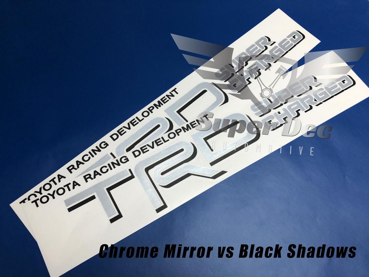Pair of TRD Super Charged Silver Chrome Mirror with Black Shadows Toyota Racing Development bed side Truck decals