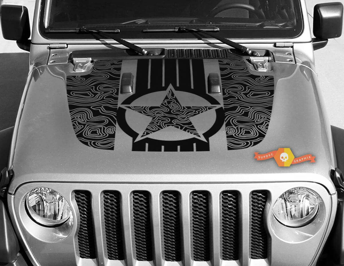 Military Star Topographic Map Hood Vinyl Decal Sticker Graphics Kit for Jeep Gladiator JT Wrangler JL JLU