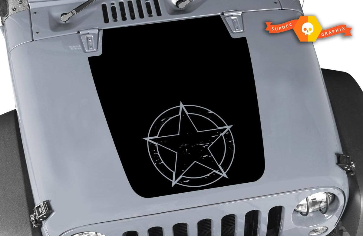 Distressed Military Star Hood Blackout Vinyl Decal for Jeep Wrangler 