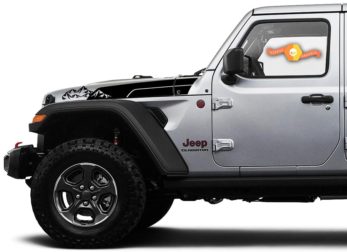 Pair of Jeep Wrangler Gladiator JT JL JLU Rubicon Saucy Hood Mountains Vinyl Sticker Decal Graphic kit for 2018-2021 for both sides