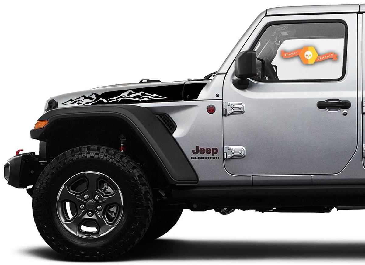 Pair of Jeep Wrangler Gladiator JT JL JLU Rubicon Stylish Hood Mountains Vinyl Sticker Decal Graphic kit for 2018-2021