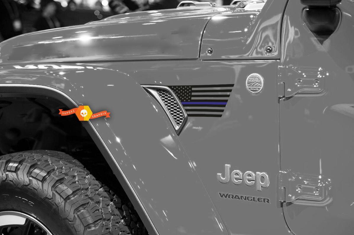 Pair of Jeep Wrangler 2018 JLU Jeep Fender USA Flag Blue Line 2pc Vinyl Sticker Decal Graphic kit for 2018-2021