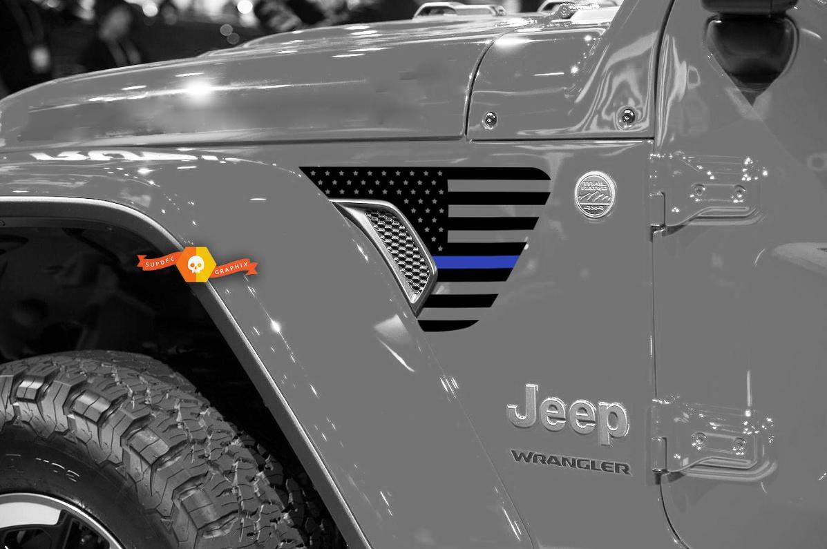 Pair of Jeep Wrangler 2018 JLU Jeep Fender USA Flag Blue Line Vinyl Decal Graphic for 2018-2021