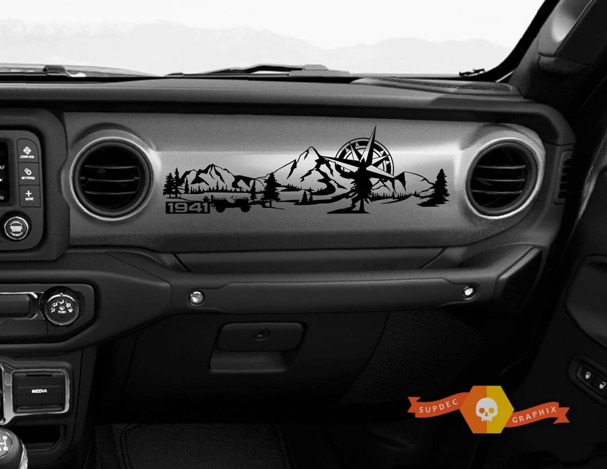 Dashboard Mountain 1941 Willys with Compass Scene Vinyl Sticker Decal for Jeep JL JLU Gladiator Wrangler