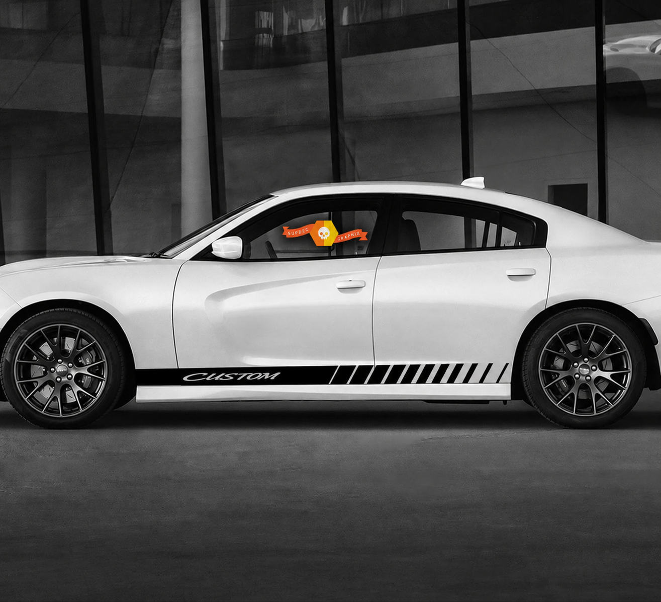 CUSTOM Script Slashed Stripe Pair Rocker Panel Vinyl Decal Sticker for Dodge Charger 2011-2020
