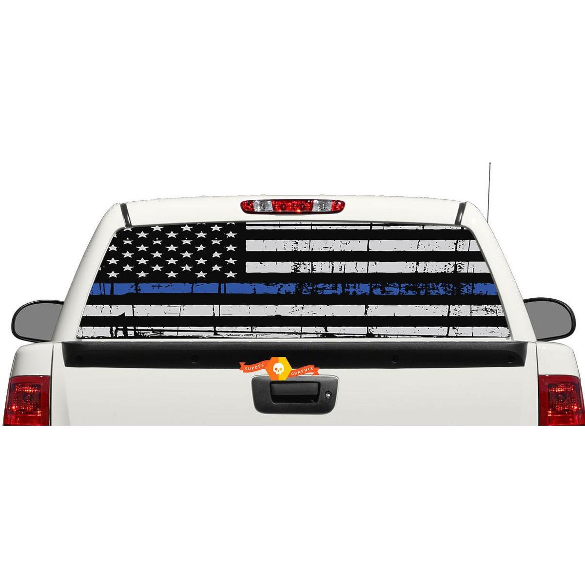 Chrome Black with Thin Blue Stripe Line Police Cop Flag 3D US American USA Window Tailgate Decal Sticker Emblem Badge Logo Crest 