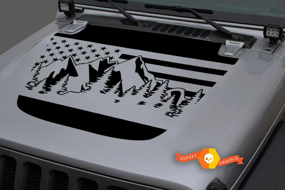 USA Flag Mountains Forest Hood Unique Vinyl Decal Sticker Graphics for Jeep Gladiator JT Wrangler JL JLU