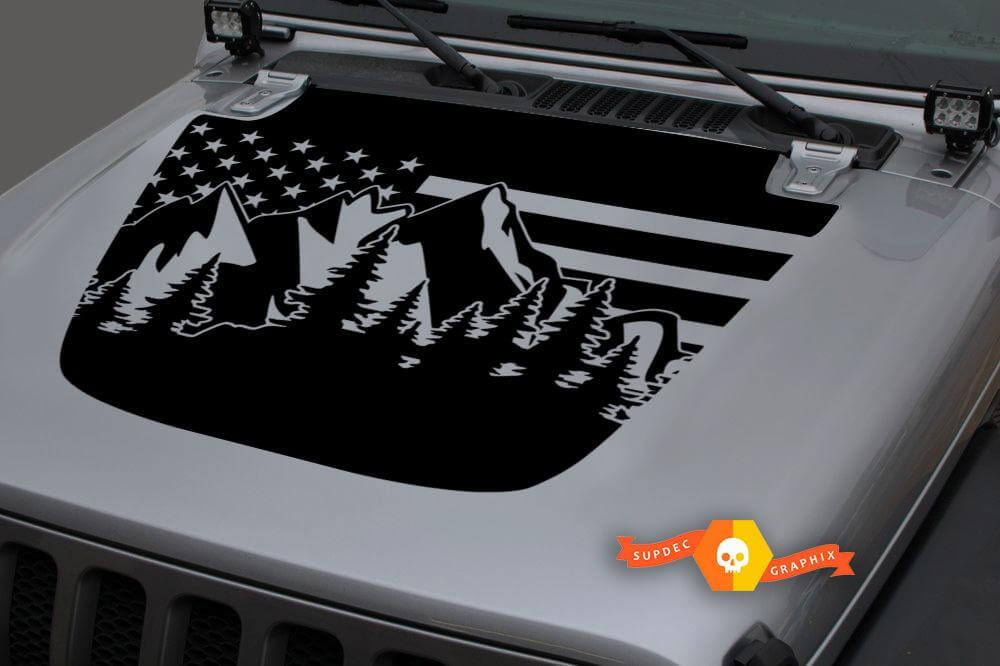 USA Flag Mountains Forest Hood Vinyl Decal Sticker Graphics for Jeep Gladiator Wrangler JL JLU JT