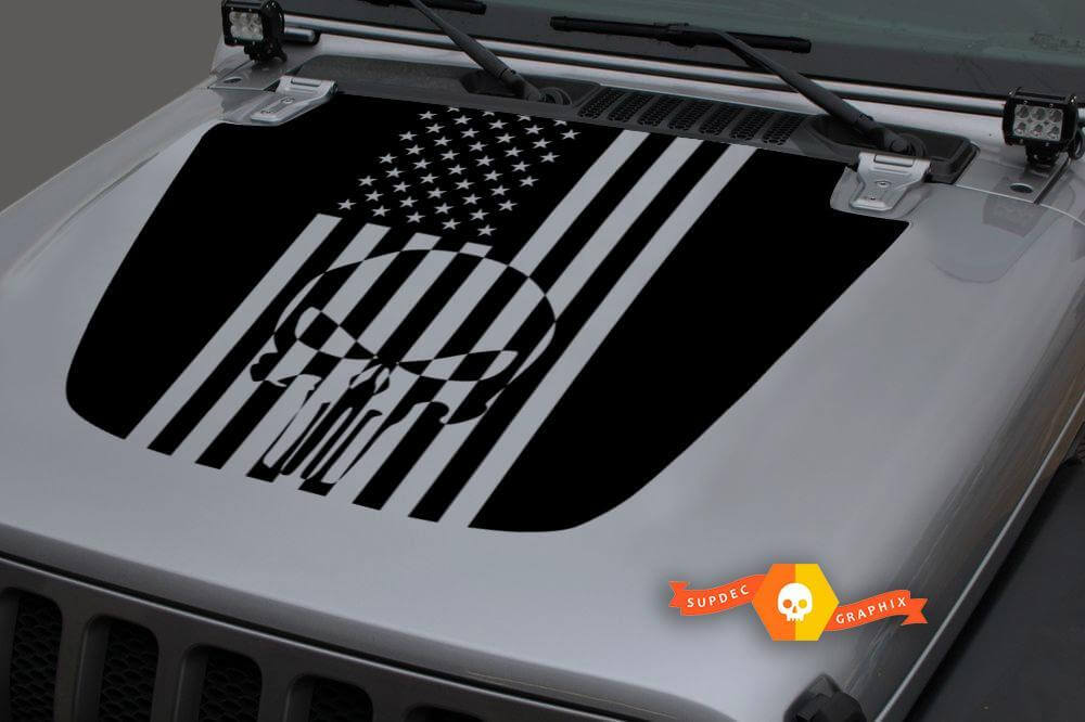 Punisher Skull USA Flag Hood Vinyl Decal Sticker Graphic for Jeep Gladiator Wrangler JL JLU JT