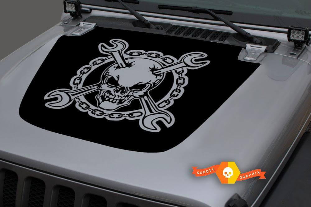 Skull Crossed Wrenches Chain Hood Vinyl Decal for Jeep Gladiator Wrangler 
