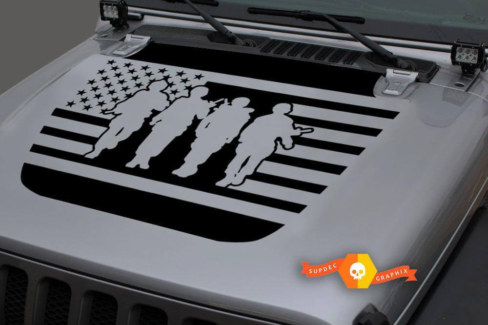 US Flag Four Soldiers Hood Vinyl Decal for Jeep Wrangler JL JLU and Gladiator JT