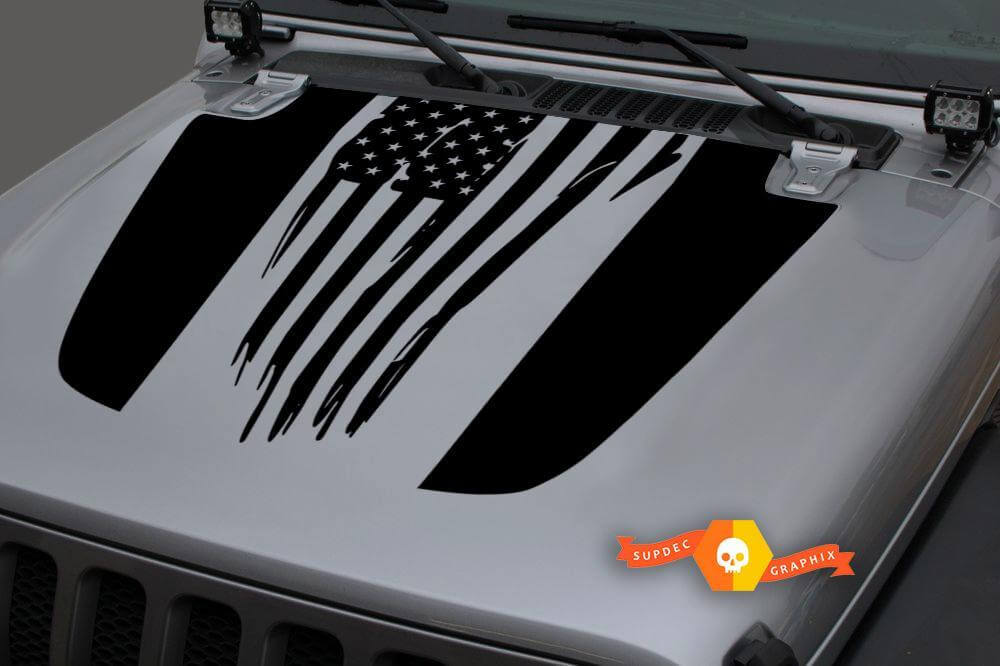 Distressed American Flag Hood Vinyl Decal for Jeep Wrangler JL JLU and Gladiator JT