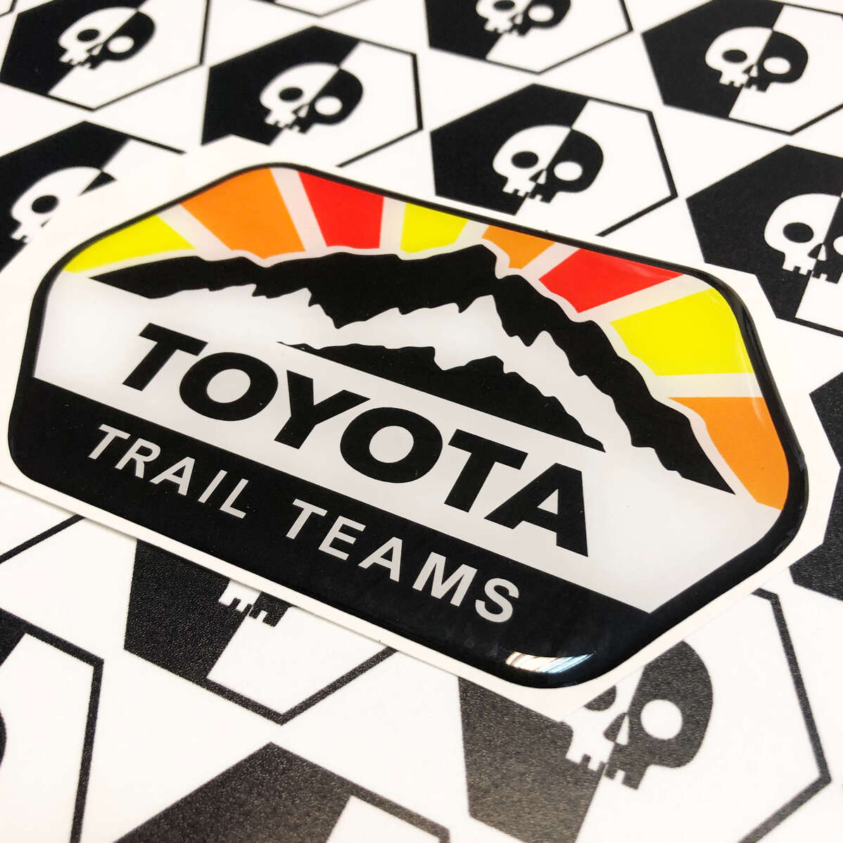 2 Decals Toyota Trail Teams Mountains Vintage Sun Colors Badge Emblem Domed Decal