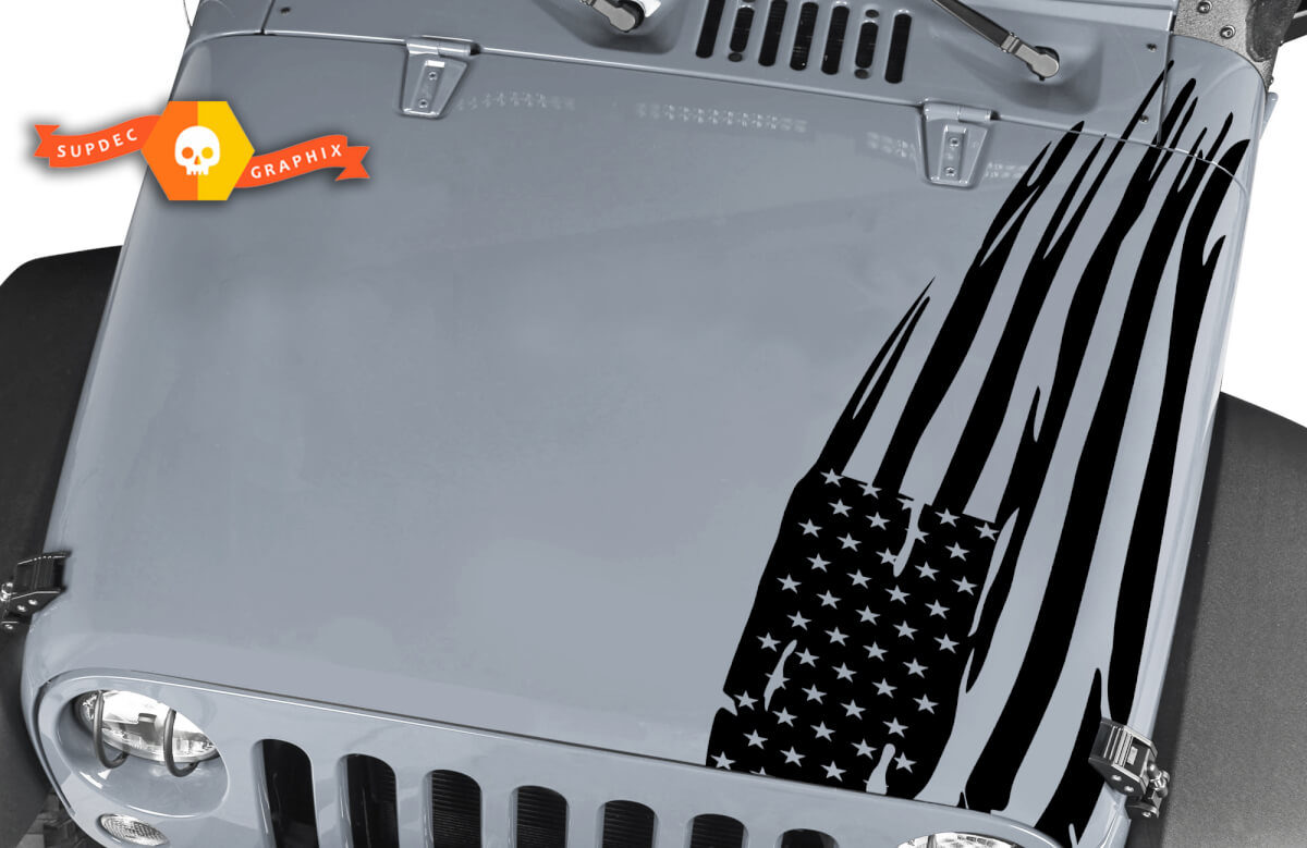 Jeep Wrangler Rubicon large Distressed American Flag Hood Decal