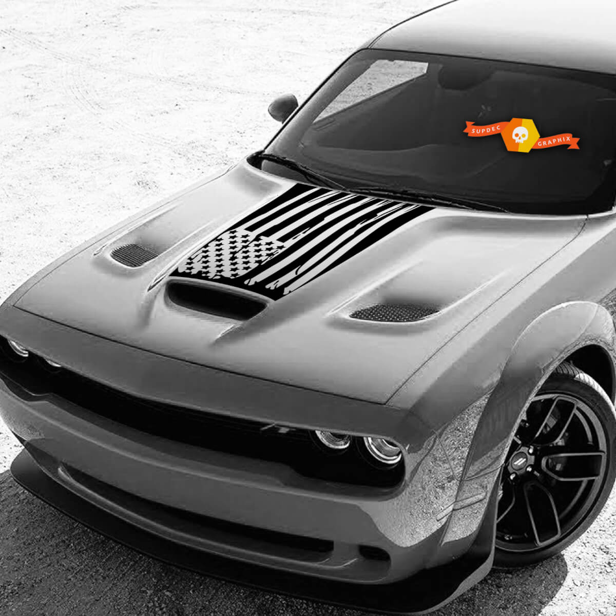 Amerikanische Flagge Distressed Passend für Challenger Bulge Hood Decal 2015-2019 Breitkörper 392 GT Car Sport Design Fahrzeug Vinyl Grafik
