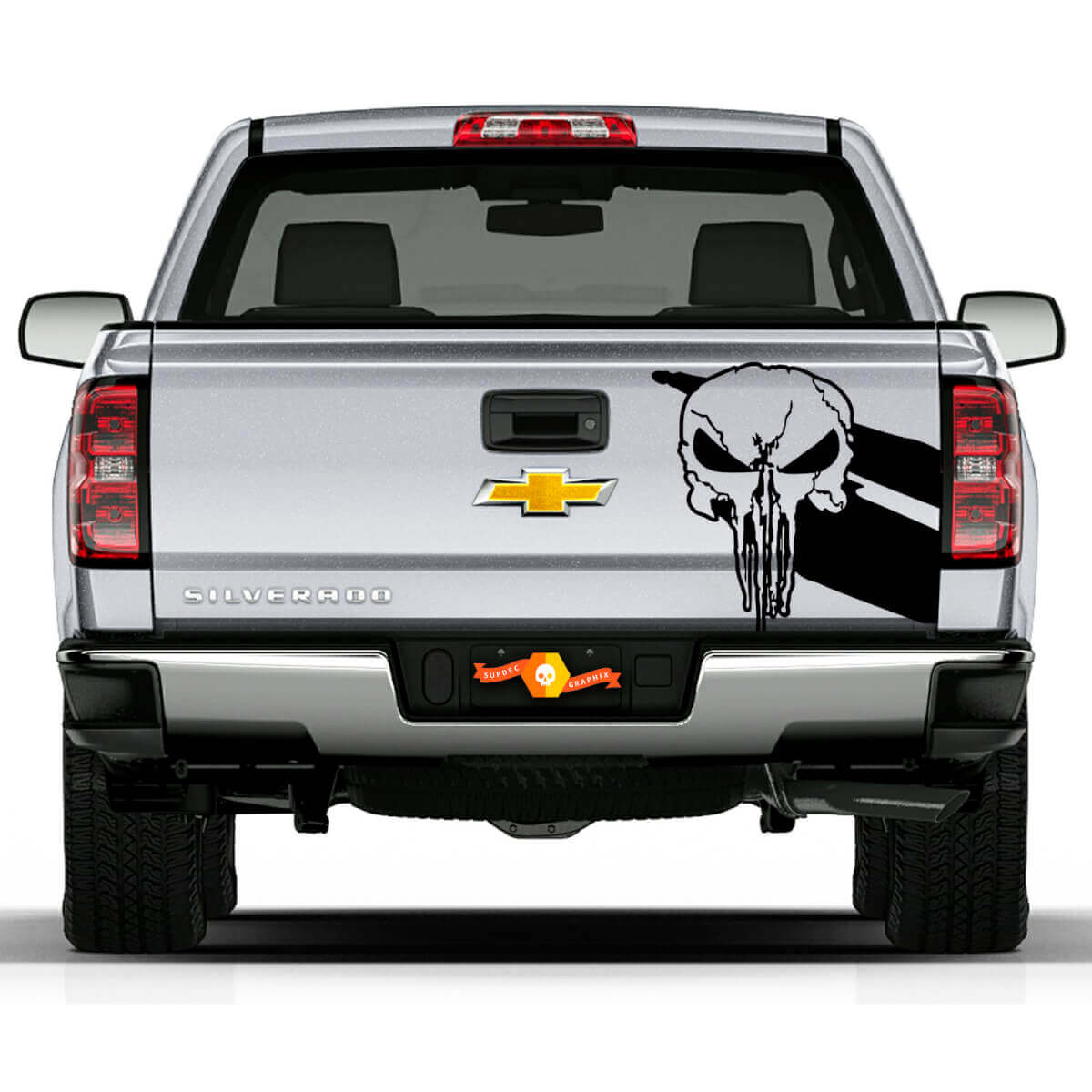 Punisher Skull Twin Stripes Tailgate Vinyl Sticker Decal for Chevy Doodge Toyota Jeep Trucks