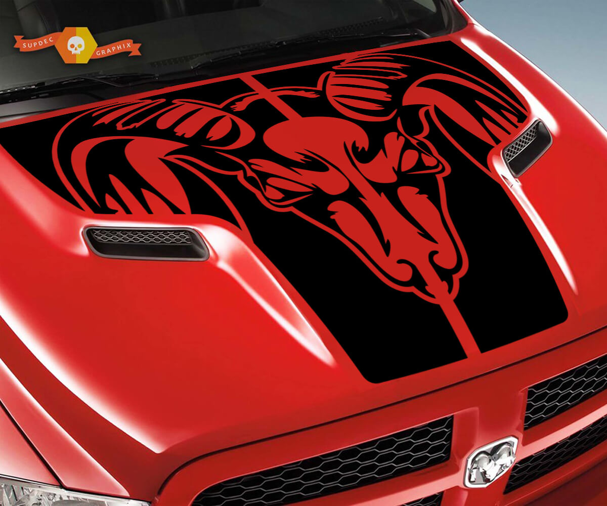 Dodge 2010 2018 fits Ram 1500 2500 Ram Tribal Skull Grunge Hood Logo Truck Vinyl Decal Graphic Pick Up Pickup