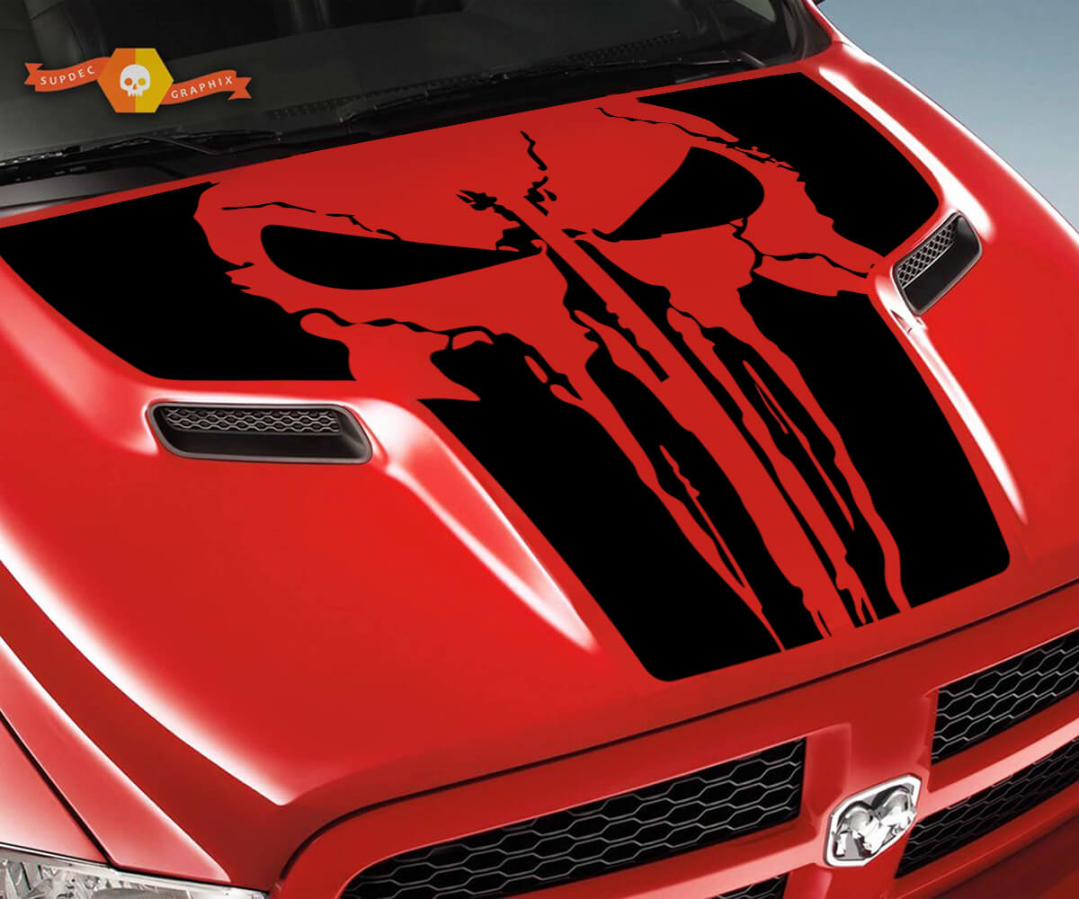 Dodge 2010 2018 fits Ram 1500 2500 Large Punisher Skull Grunge Hood Logo Truck Vinyl Decal Graphic Pick Up Pickup