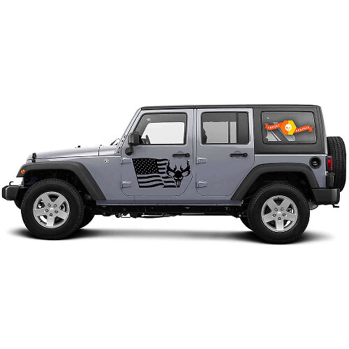 US Flag Deer Skull Side Vinyl Decal for Jeep Wrangler CJ TJ JK JKU JL JLU