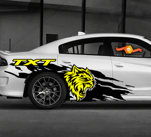 TXT Custom Cat Head Yellow Splash Pair Side Rear Fender Vinyl Decal Sticker for Dodge Challenger 2009-2019
