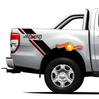 Pair Vinyl Decals Stickers Side bed bands 4x4 graphic for Ford Ranger Off Road, Red-Black Lines New