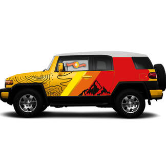 New Pair Toyota FJ Cruiser Side Doors Vintage Sunset Colors Style Mountains Contour Map Stripe Decal Truck Wrap 