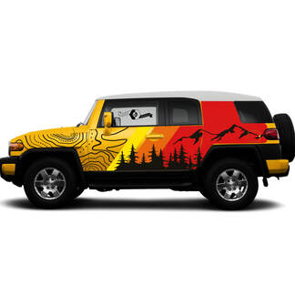 New Pair Toyota FJ Cruiser Side Doors Vintage Sunset Colors Style Mountains Forest Contour Map Stripe Decal Truck Wrap 