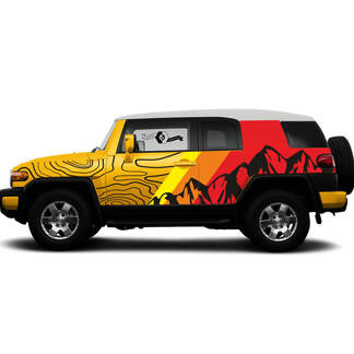 New Pair Toyota FJ Cruiser Side Doors Vintage Sunset Colors Style Big Mountains Contour Map Stripe Decal Truck Wrap 
