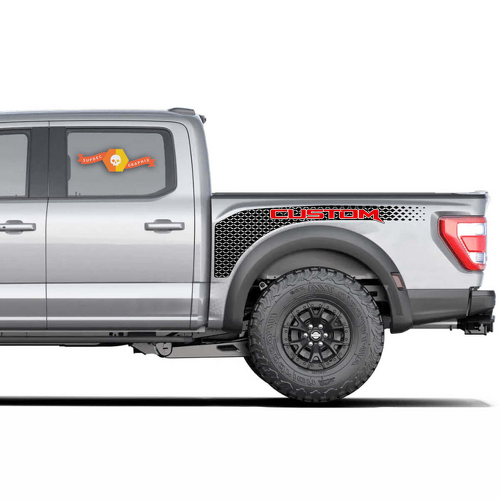 CUSTOM White Mesh Bedside Graphic Vinyl Decal Pair for Ford F-150 Raptor 2022