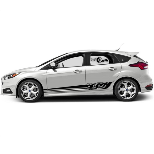 TXT Outline Checkered Side and Rocker Stripes Vinyl Decal Pair for Ford Focus ST