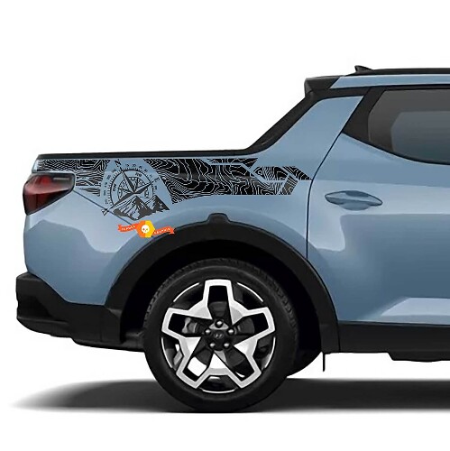 2x Topographic Map edition BedSide Side Vinyl Stickers Decal fit to Hyundai Santa Cruz