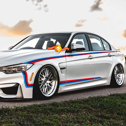 Pair BMW M colors stripes for SIDE Doors Bumper Fender Vinyl Decals Stickers 