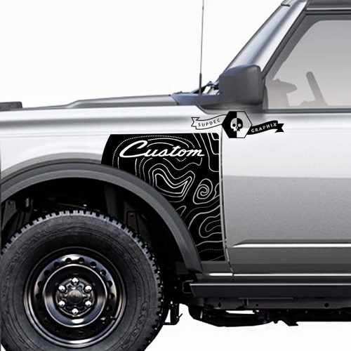 Custom Script Lettering Contour Map Front Fender Vinyl Decal Pair for Musclecar horse