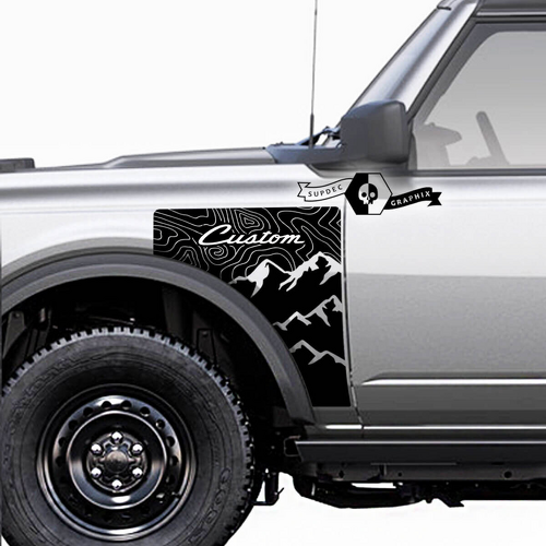Custom Script Lettering Mountains Topographic Front Fender Vinyl Decal Pair for Musclecar horse