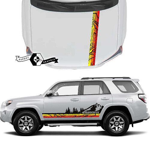 Pair 4Runner 2023 Side Door Hood Old School Sunset Vinyl Topographic Map Mountains Forest Decals stripe Stickers for Toyota 4Runner TRD 