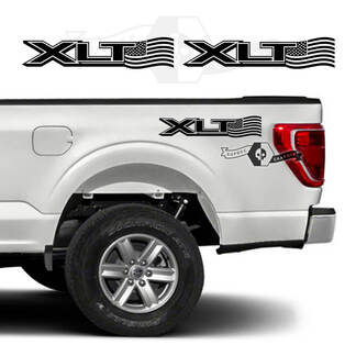 Pair Ford F-150 XLT USA Flag Bed Logo Graphics Side Decal Sticker