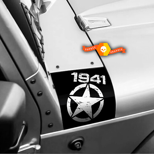 Pair 1941 Distressed Star Black Ops Oscar Mike Hood Vinyl Stickers Full Set Decal for Jeep Wrangler