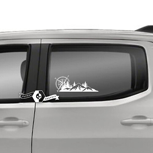Pair Toyota Tacoma SR5 Doors Window  Mountains Forests Compass Logo Line Vinyl Decals Graphic Sticker