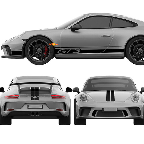 Porsche 911 GT3 Stripes Sides Hood Trunk Kit - Custom Vinyl Decal Graphics