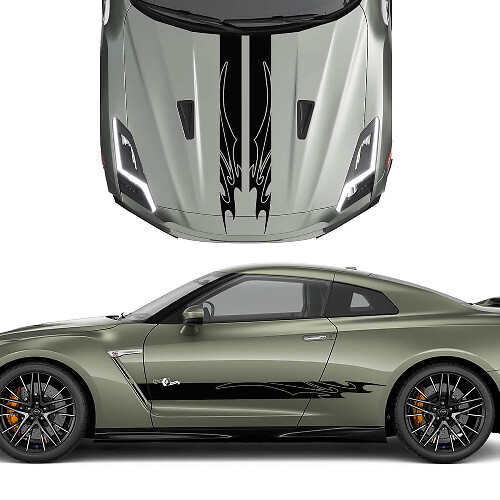 Hood and Sides Dual Tribal Graphics Stripes Decal Kit for Nissan GT-R 1