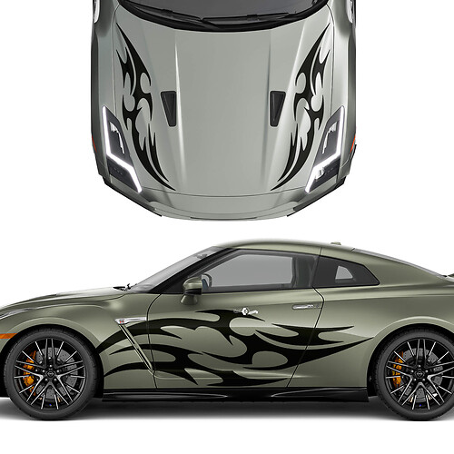 Hood and Sides Dual Tribal Tattoo Graphics Stripes Decal Kit for Nissan GT-R 2