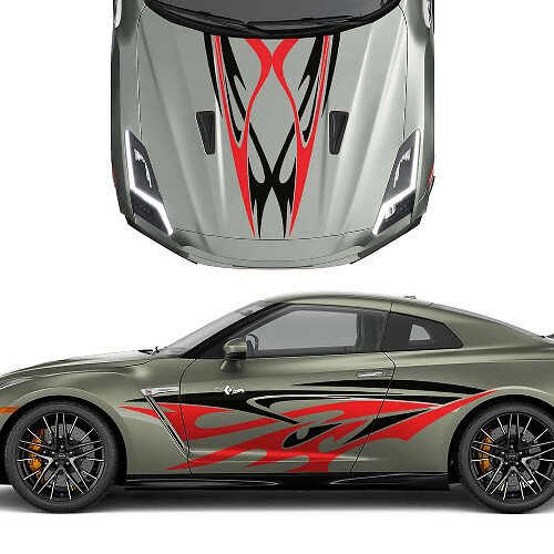 Hood and Sides Dual Tribal Tattoo Graphics Stripes Decal Kit for Nissan GT-R 3