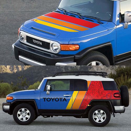 Retro Topographic Hood and Side Graphic Vinyl Decal Kit for Toyota FJ Cruiser
