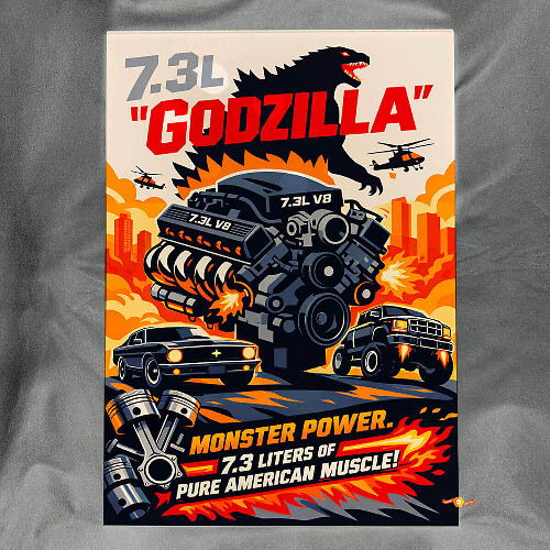 7.3L Godzilla Monster Power Glossy Acrylic Garage Wall Art Panel