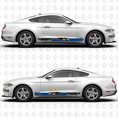 V6 Mustang Checkered Flag Flame Inspired Side Door Rocker Panel Vinyl Decals Stickers for Ford Mustang
