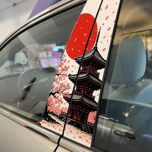 Japanese Temple Sunset Sakura Petals Pillar Doors Vinyl Decal Sticker 1