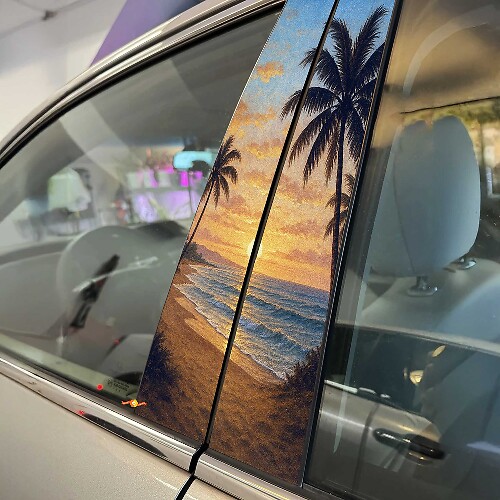 Sunset Beach Palm Trees Pillar Doors Vinyl Decal Sticker