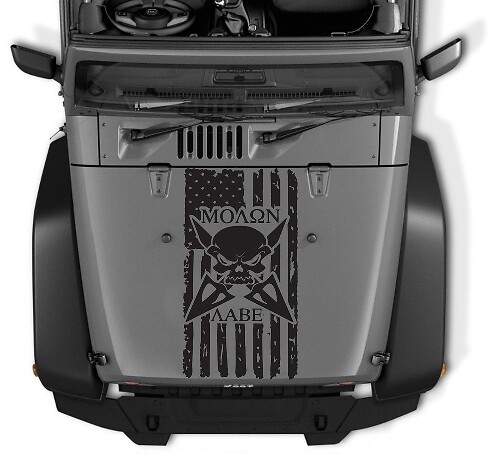 Molon Labe Distressed American Flag Skull Hood Vinyl Decal for Jeep Wrangler 